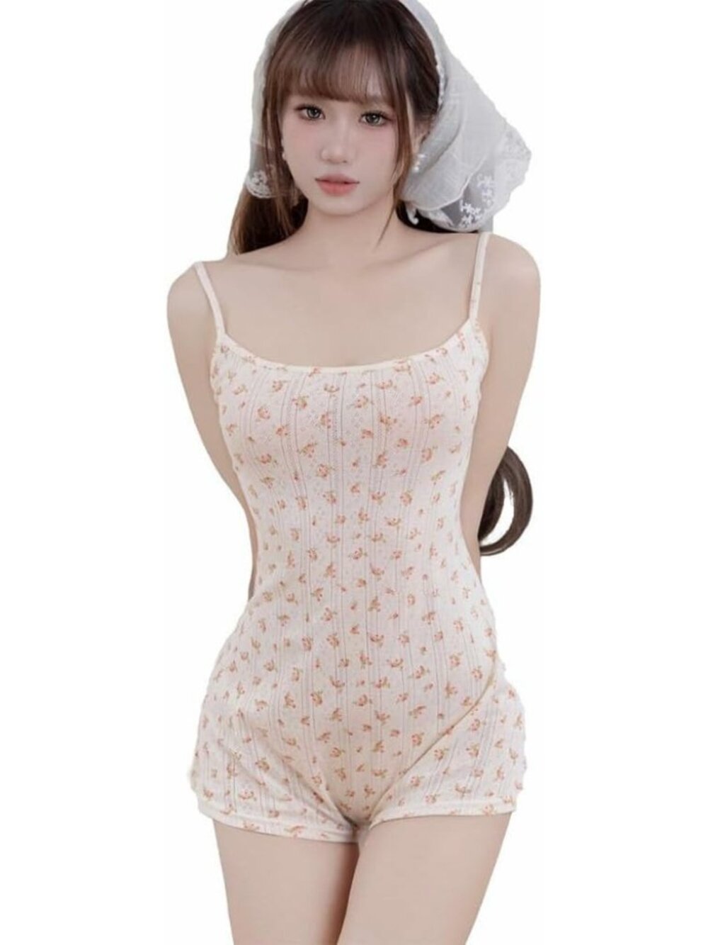Women's Beige Hollowed Out Bodycon Catsuit Cosplay Costume Tight Jumpsuit